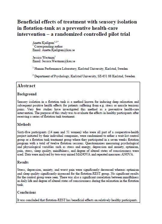 Health-care intervention study flotation-REST Health-care intervention study flotation-REST